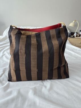 Fendi Brown & Black Vertical Stripe Shoulder Hobo with Red Lesther Strap